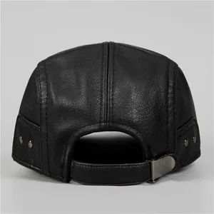 Rear view of black leather flat cap for men with adjustable metal strap and buckle