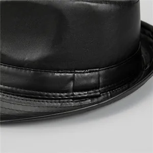 Classic black leather fedora hat for men featuring premium stitching and a glossy texture