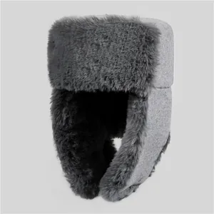 Winter grey trapper hat with warm faux fur lining and ear flaps for men and elderly