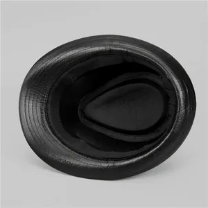 Internal structure of the black leather fedora hat featuring breathable lining and stitching