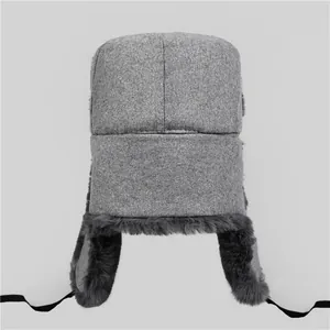 Grey wool winter trapper hat for elderly men with plush faux fur ear flaps and chin strap