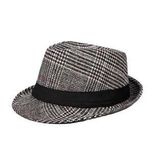Classic men's check pattern fedora hat with black ribbon for autumn and winter seasons