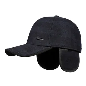 Casquette de baseball d'hiver pour hommes bleu marine avec cache-oreilles et logo