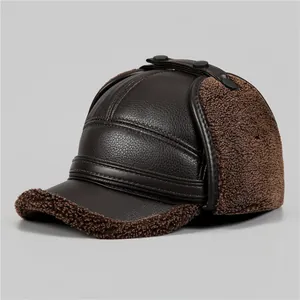 Close-up of winter aviator hat featuring dark brown leather and thick plush lining detail
