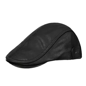 Men's winter black PU leather flat cap with ear protection and warm thick fleece lining