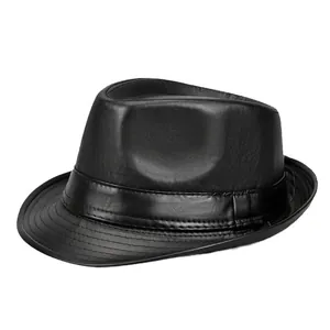 Classic black leather fedora for men with elegant textured finish and curled brim