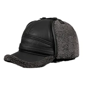Winter thermal ushanka hat for men featuring faux leather and grey plush faux fur lining