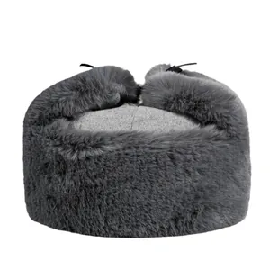 Thick grey faux fur winter trapper hat for men with ear flaps and warm lining