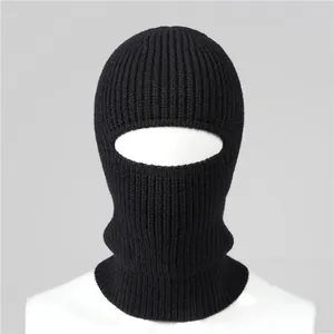 Winter black ribbed knit balaclava for men providing full head and neck thermal coverage