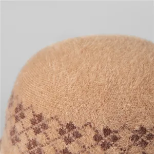Winter wool knitted bucket hat for elderly women with plush fur and floral detail