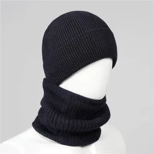 Winter knit hat and neck warmer set for men with thick fleece lining in navy blue