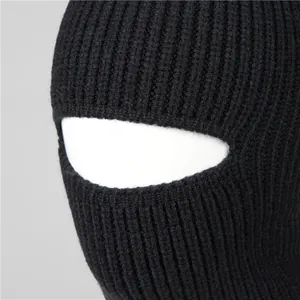Close-up of black balaclava showing thick vertical rib-knit texture and material