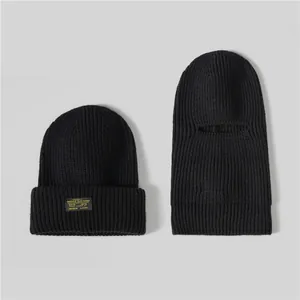 Winter black knit beanie and balaclava set for men with warm thermal ribbed texture