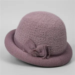 Women Winter Knitted Cloche Hat Warm Faux Fur Top Bucket Hat With Bowknot Fur Ball Elegant Windproof Hat For Grandma Mother