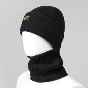 Winter black balaclava set with ribbed knit hat and neck warmer for men in cold weather