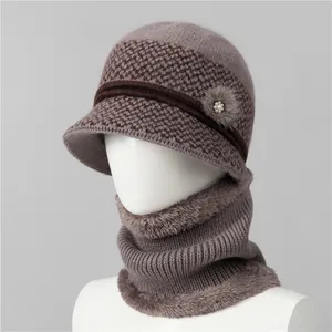 Detail of winter knit hat and scarf set with fleece lining and pearl flower accents