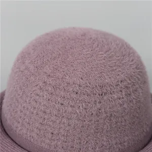 Plush light purple winter bucket hat for elderly women with warm fleece lining texture
