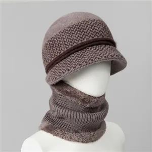 Detail of warm winter knit cloche hat and scarf set with soft faux fur fleece lining