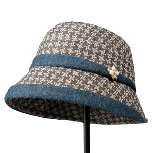 Elegant houndstooth wool fisherman hat for elderly women with pearl floral trim