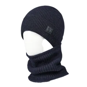 Men's winter knit beanie and neck warmer set in navy blue with warm fleece lining