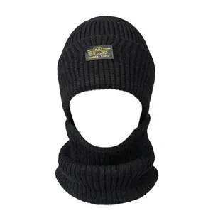 Winter black balaclava knitted hood hat with retro patch for cold weather protection