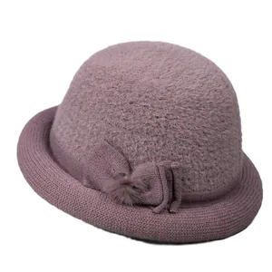Elegant mauve winter knitted cloche hat for elderly women with warm fleece lining