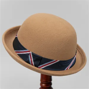 Retro Women Wool Felt Bowler Hat Winter Warm Round Top Derby Hat With Striped Ribbon Band Elegant Fashion Hat For Women