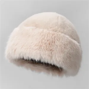 Women Winter Faux Fur Mongolian Style Hat Warm Thick Plush Bucket Hat Ear Protection Outdoor Solid Color Fisherman Hat Cap