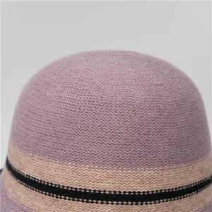 Women's chic mauve knitted bucket hat with textured weave and tricolor accent bands