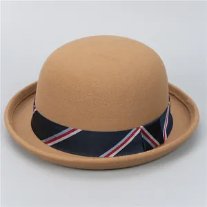 Retro khaki wool felt bowler hat with a striped navy ribbon for autumn and winter