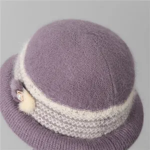 Winter knit wool hat for elderly women with plush lining and elegant pearl detail