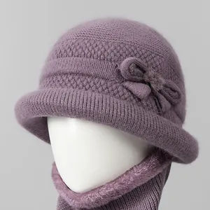 Elderly Women Winter Warm Rabbit Hair Knitted Bucket Hat And Scarf Combination Velvet Lining Bowknot Elegant Grandmother Cap