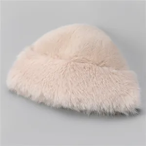 Plush faux fur winter hat in soft beige for women, warm outdoor protection bucket hat