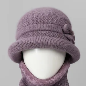 Purple winter knit hat and neck warmer set with floral detail and fleece lining