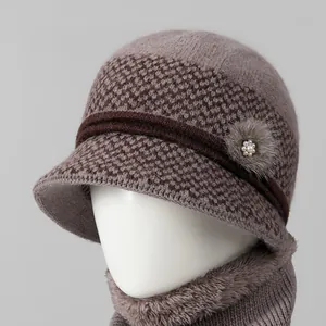Elderly Women Winter Knitted Hat And Scarf Warm Fleece Lined Cloche Hat With Artificial Pearl Flower For Mom Grandma Outdoor Comfort