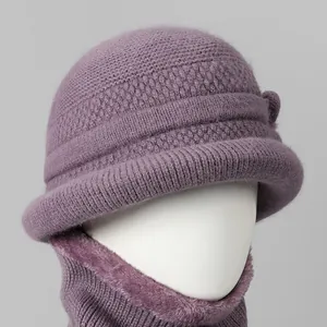 Women's warm purple rabbit fur winter hat and neck warmer set with thick fleece lining