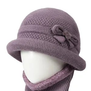 Winter rabbit fur knit hat and scarf set in purple with warm plush lining for women