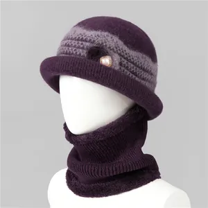 Close-up of purple winter knit hat and scarf set with fleece lining and faux pearl detail