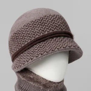 Women's winter knit hat and neck warmer set with warm fleece lining in purple and brown