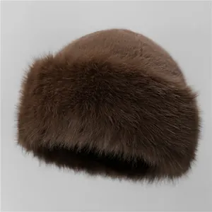 Close-up of thick dark brown faux fur hat featuring soft texture and plush warm material