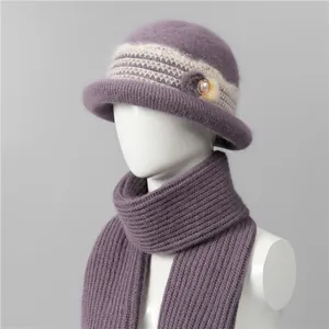 Women's Winter Rabbit Fur Knit Hat And Scarf Elegant Pearl Rhinestone Decoration Warm Beanies For Elderly Women
