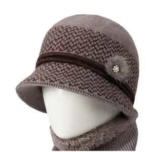 Women's winter knit cloche hat and scarf set with fleece lining and pearl flower detail