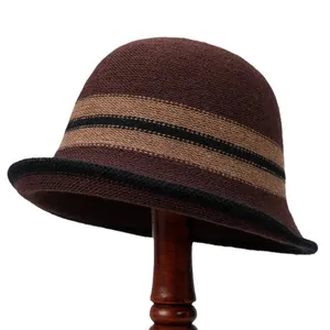 Classic knitted dome bucket hat in coffee and khaki wool blend for women