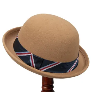 Vintage brown wool felt bowler hat with a tricolor striped grosgrain ribbon trim