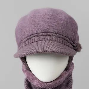 Conjunto de gorro de punto y bufanda para mujer con forro polar y adorno de flores