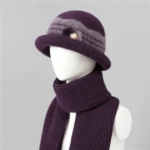 Detail of purple knitted winter hat and scarf set with cozy fleece lining for elderly women
