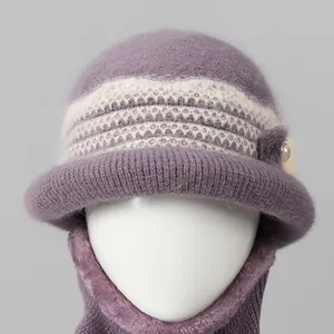 Winter warm purple knitted hat for elderly women with fleece lining and pearl detail