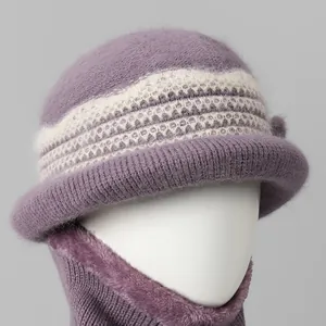Winter knit hat and scarf set for elderly women in purple with warm fleece lining