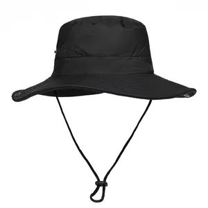 Black outdoor sun hat with wide brim, breathable mesh panels and adjustable chin strap