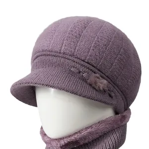 Conjunto de gorro de punto y bufanda violeta con forro polar para mujeres